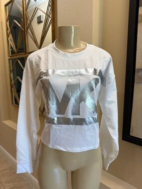 MICHAEL Michael Kors white Long Sleeve T Shirt with Silver Logo. New with tags